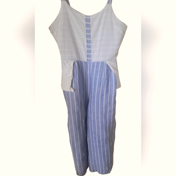 C & C California Blue & White Stripe Linen Wide Cropped Legs Jumpsuit Sz 8 - Picture 10 of 11
